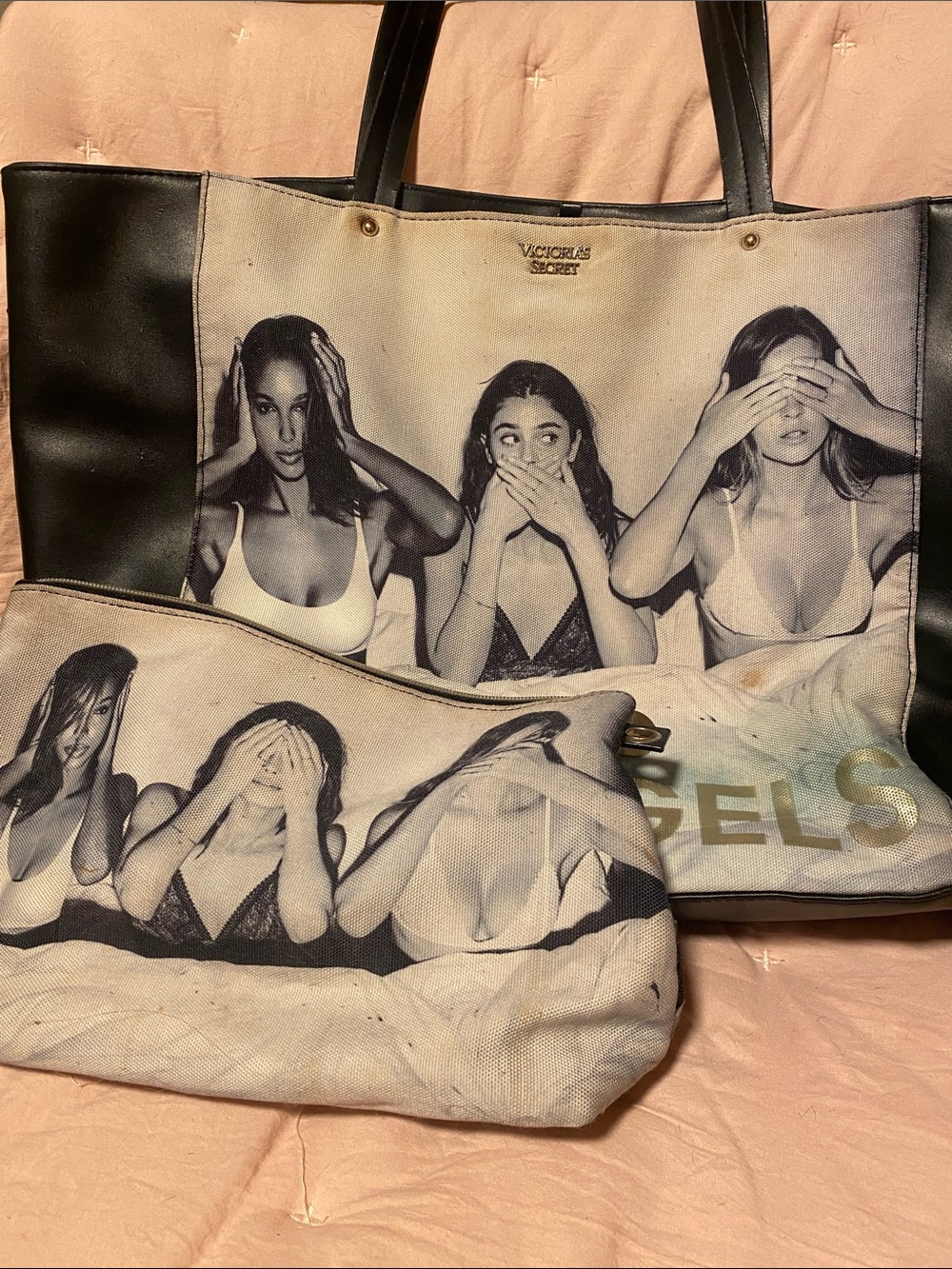 Victoria's Secret Black and Cream Photo-Print Tote with Matching Pouch